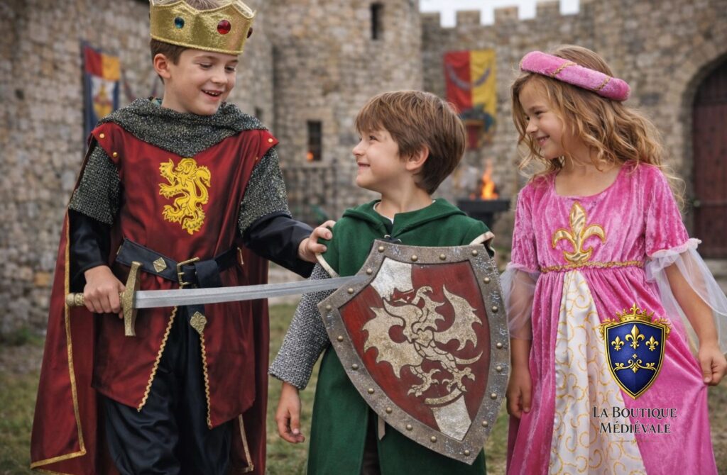 Accessoires médiévaux pour enfants : boucliers, ceintures, bourses